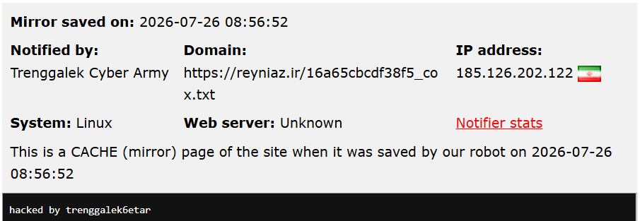Trenggalek Cyber Army targets the website of Riyoniz Palayesh Artan Company
