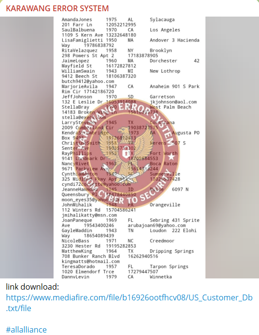 Alleged leak of customer database in USA