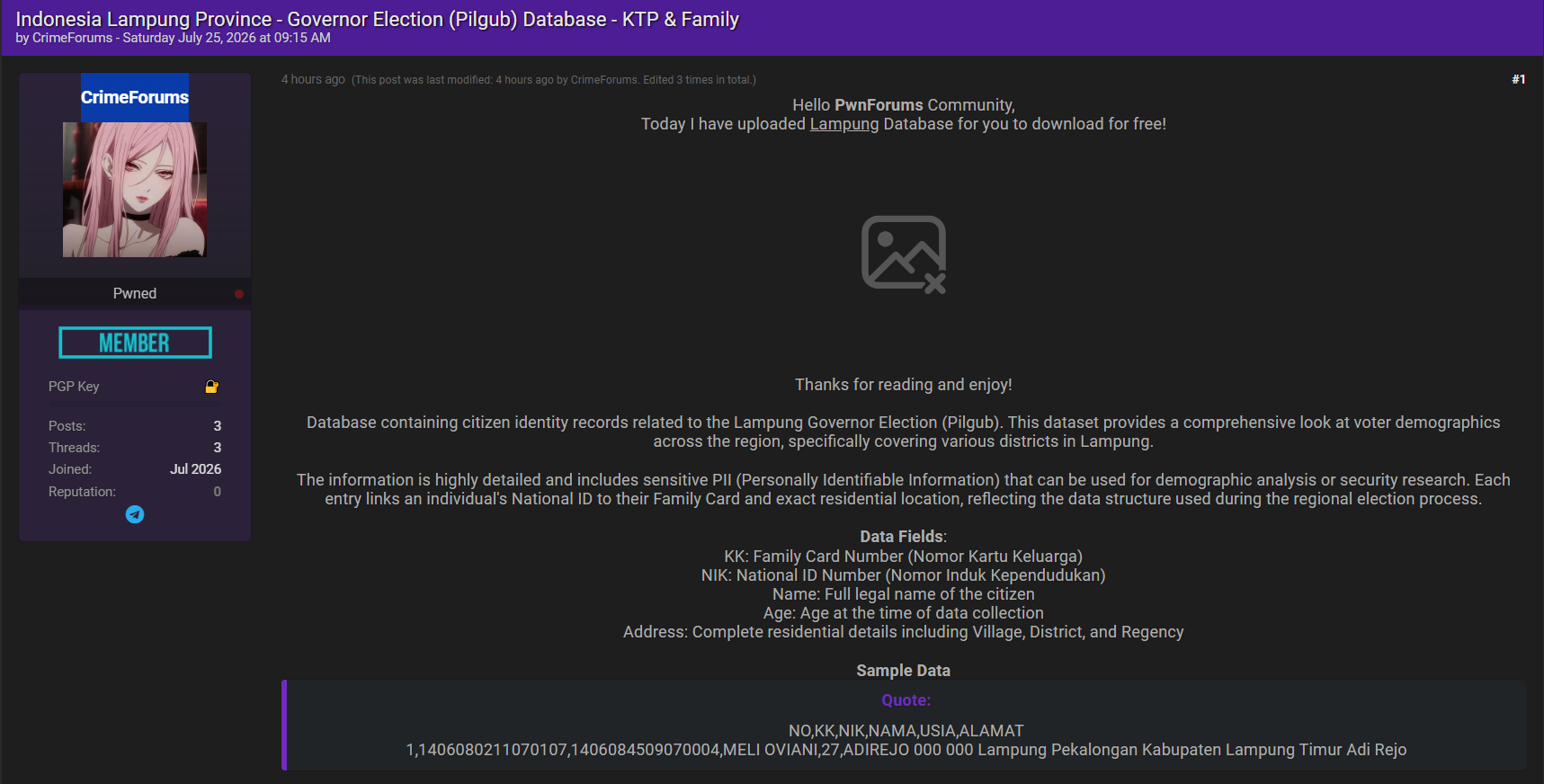 Alleged data leak of Lampung Governor Election Citizen database