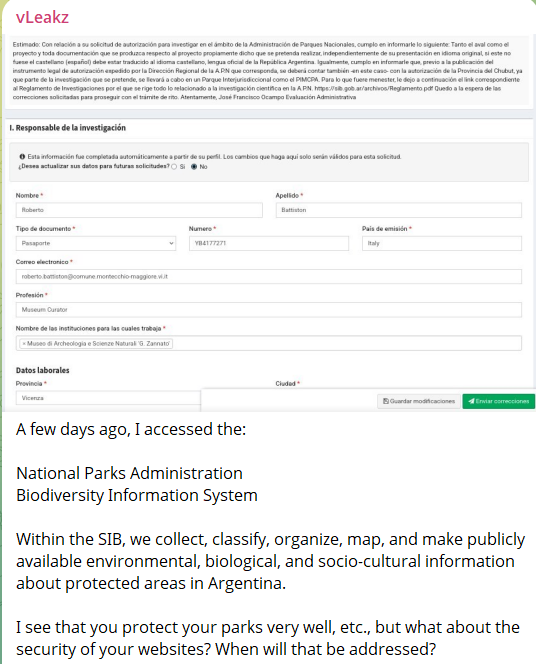 Alleged unauthorized access to National Parks Administration Biodiversity Information System