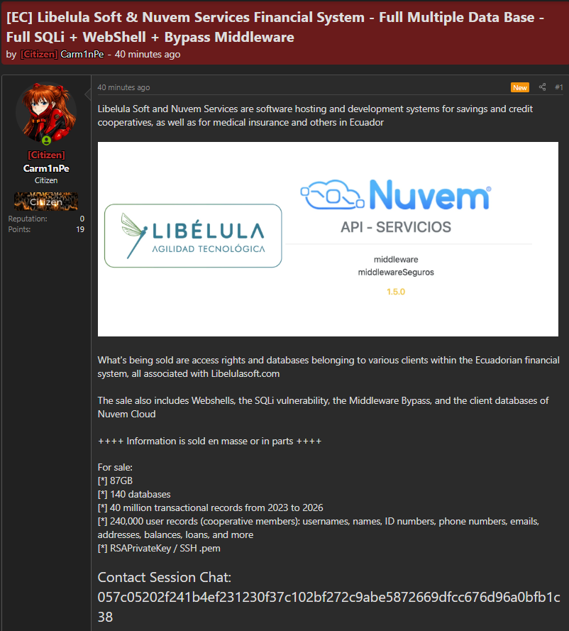 Alleged sale of Libélula Soft database