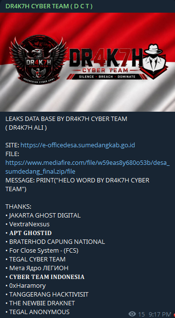 Alleged data breach of Sumedang village e-office