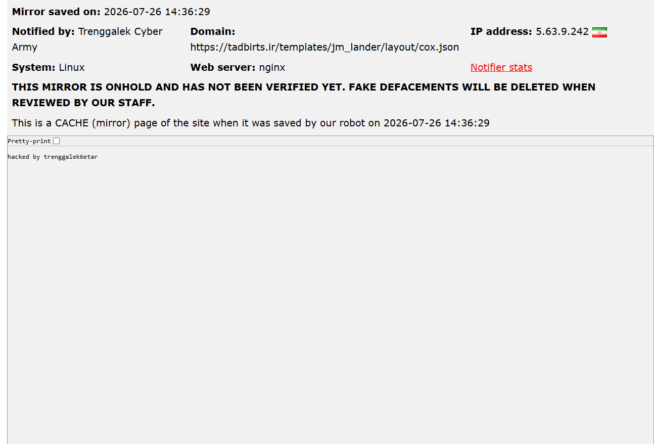 Trenggalek Cyber Army targets the website of Tadbir