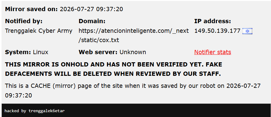 Trenggalek Cyber Army targets the website of Intelligent Attention