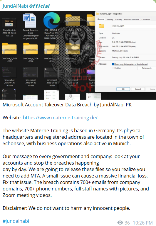 Alleged data breach of Materne Training