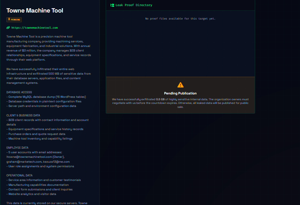Towne Machine & Tool Inc. Falls Victim to CRPx0 Ransomware