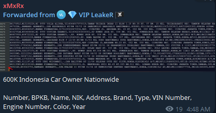 Alleged leak of Indonesia’s Nationwide Car Owner database