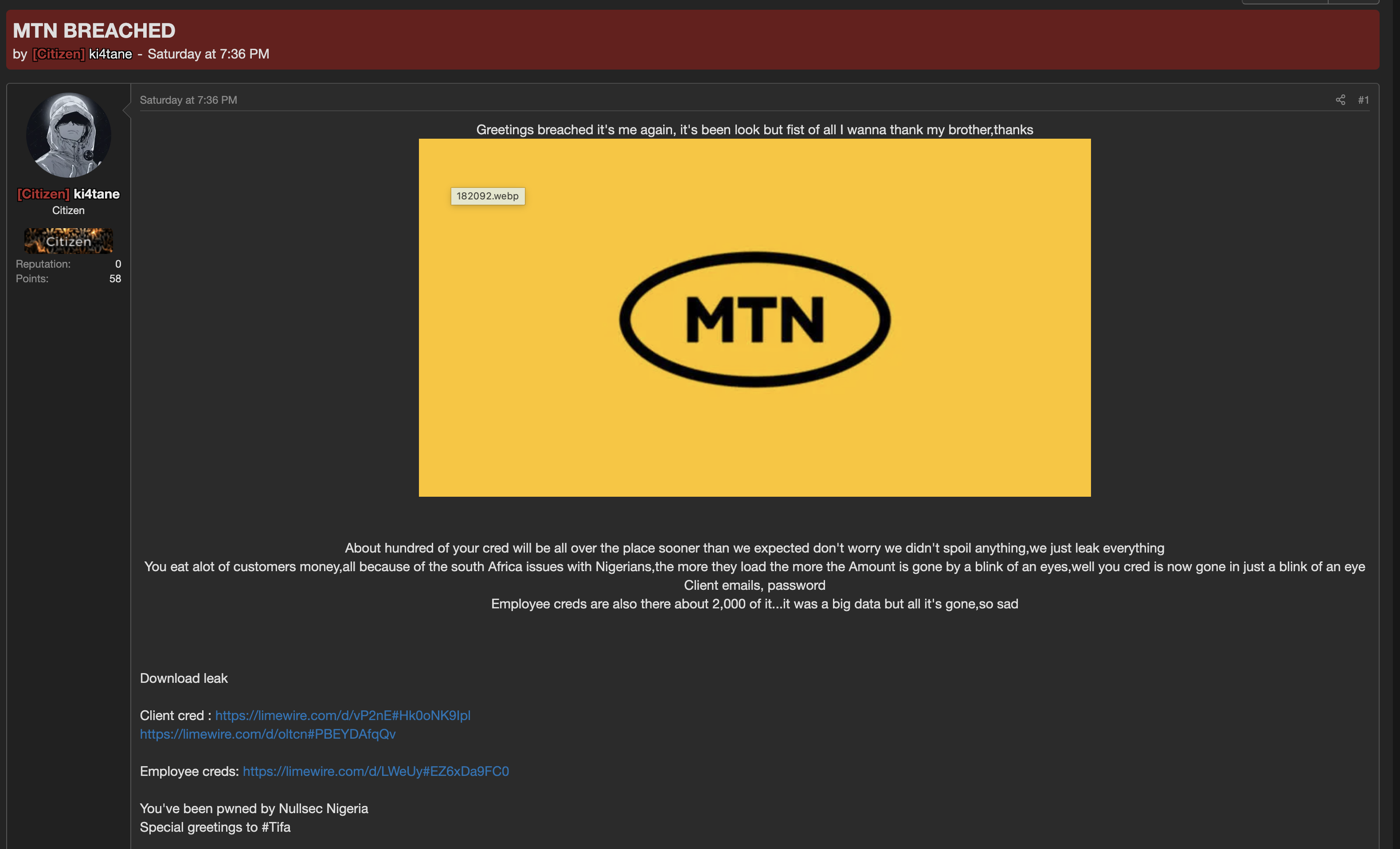 Alleged data breach of MTN Group