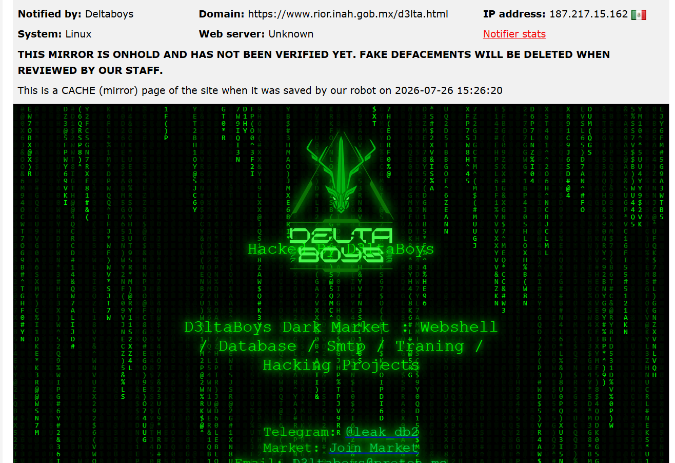 Deltaboys targets the website of National Institute of Anthropology and History