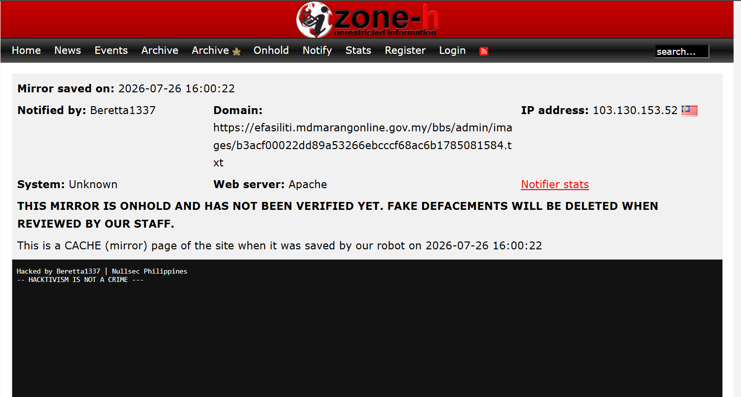 Beretta1337 targets the website of Majlis Daerah Marang