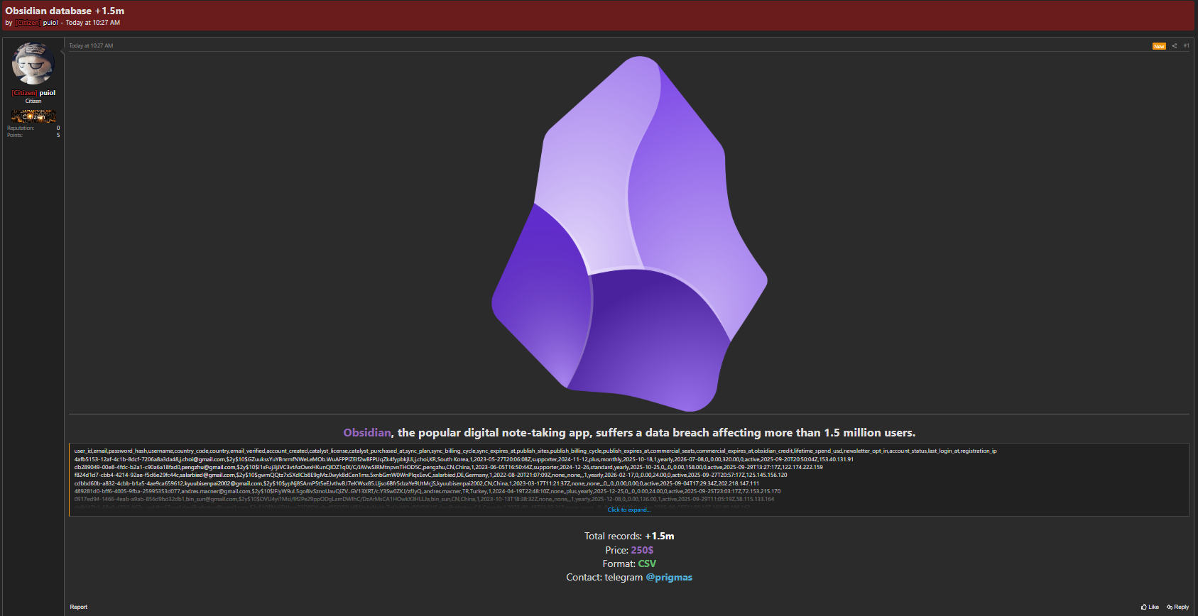 Alleged data breach of Obsidian