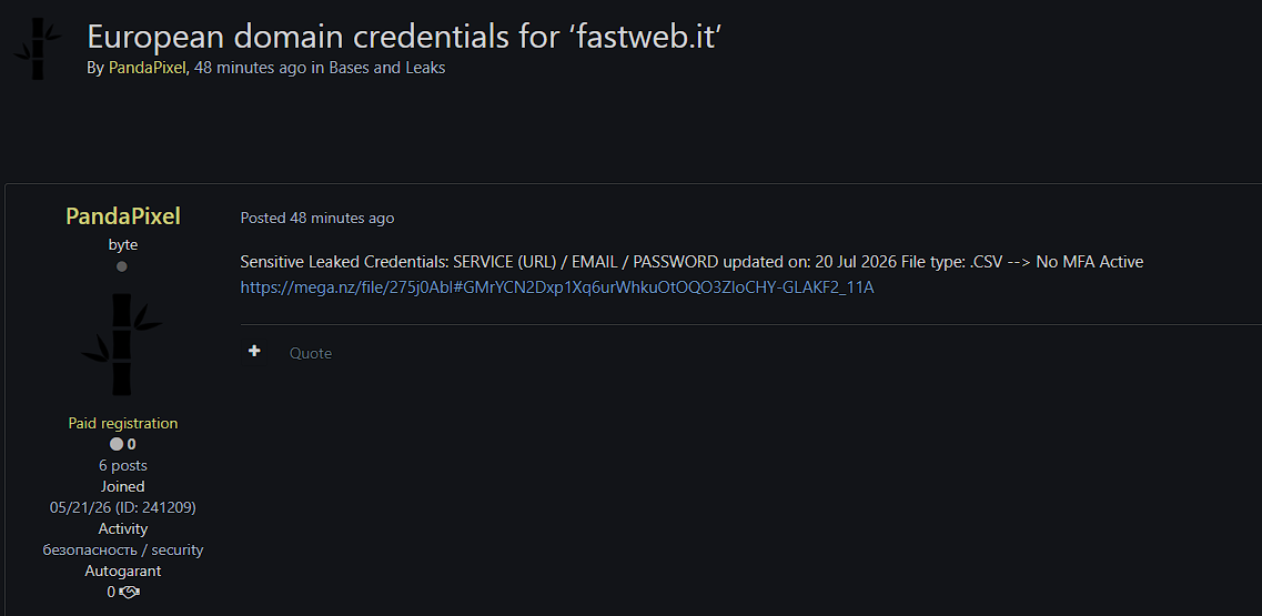 Alleged Fastweb Credential Leaked