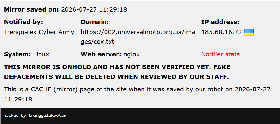 Trenggalek Cyber Army targets the website of Universal MOTO