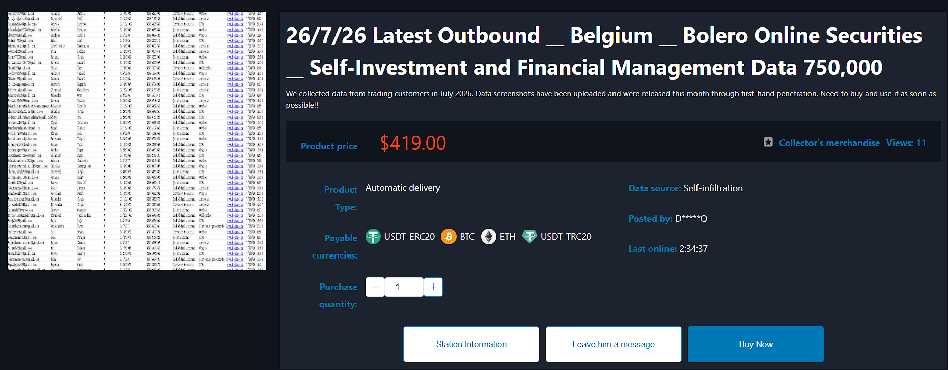 Alleged Data Leak of Bolero Online Securities, Belgium