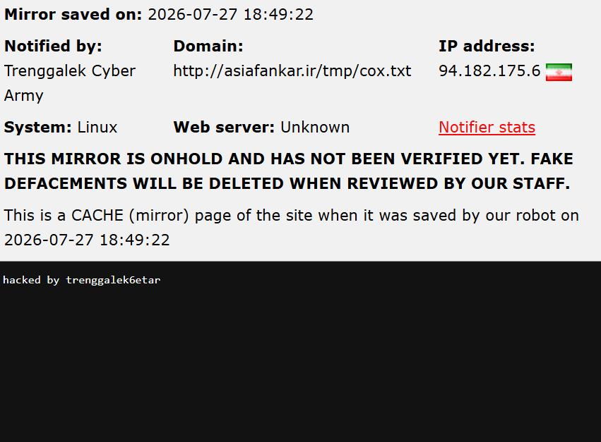 Trenggalek Cyber Army targets the website of Asia Fan Kar Co