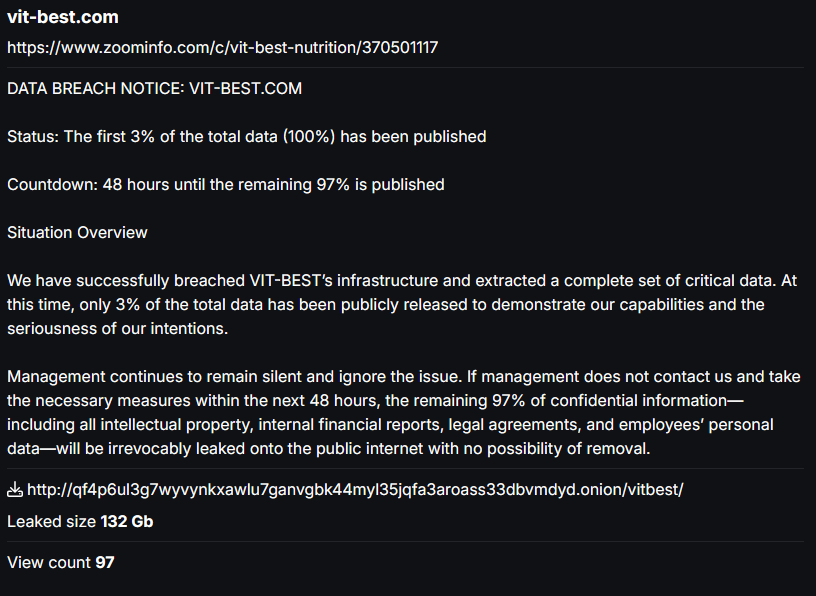 Vit-Best Nutrition falls victim to CHAOS ransomware