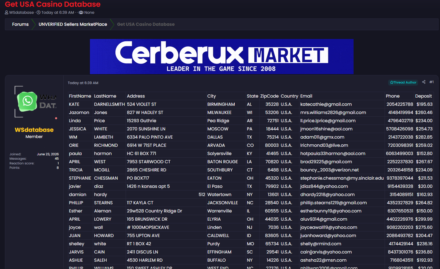 Alleged Sale of U.S. Casino Customer Data