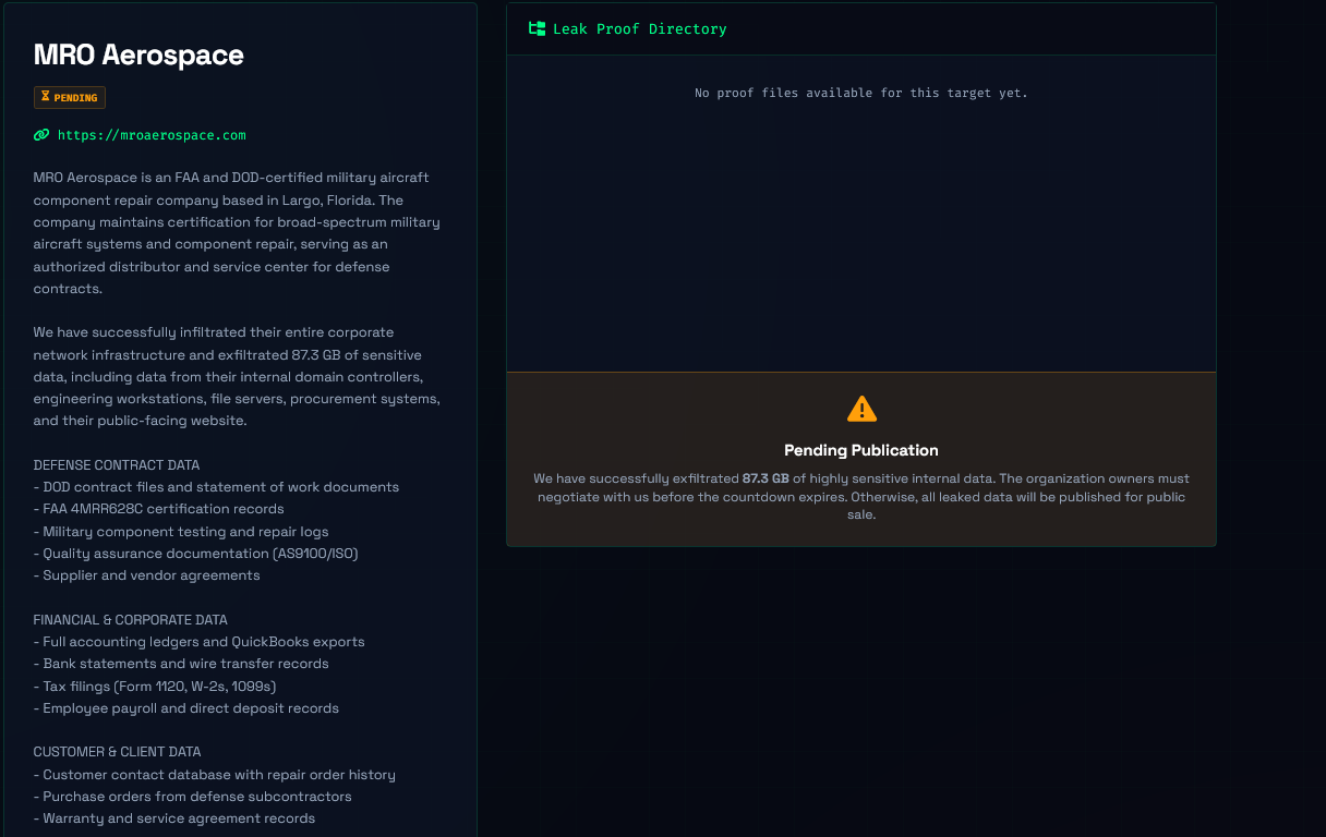 MRO Aerospace, Inc falls victim to CRPx Ransomware