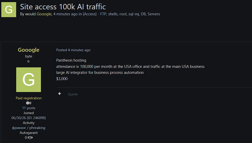 Alleged Sale of Unauthorized USA Company Website Access