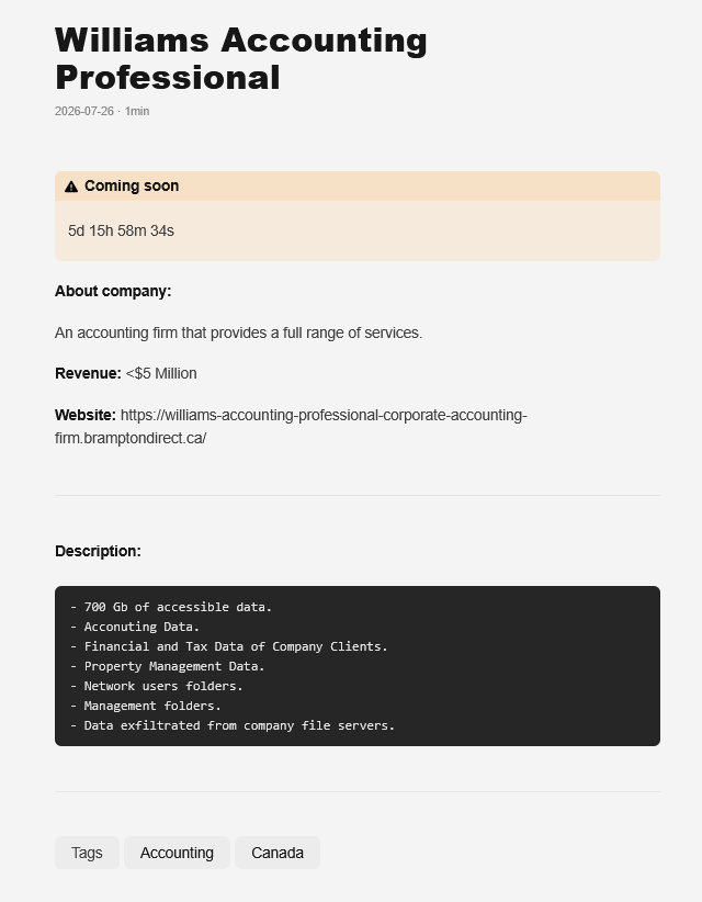 Williams Accounting Professional Corporation falls victim to GENESIS Ransomware