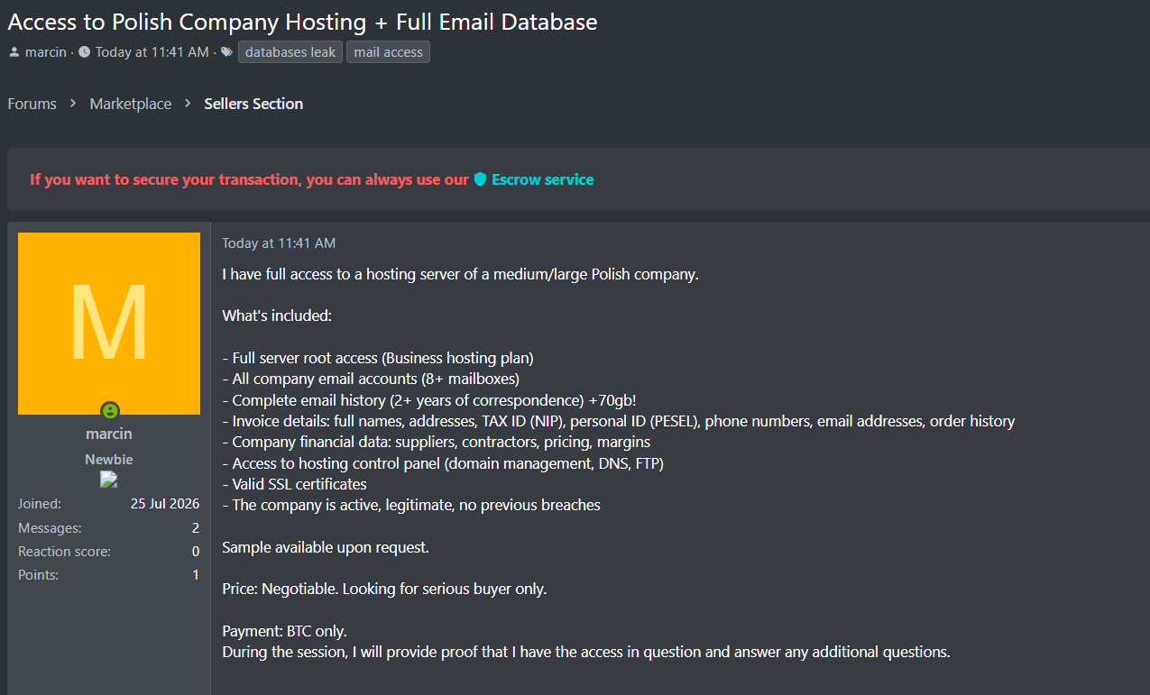 Alleged Sale of Polish Company Hosting and Email Access