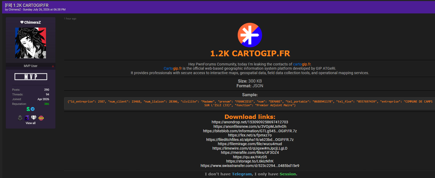 Alleged data breach of Cartogip contacts