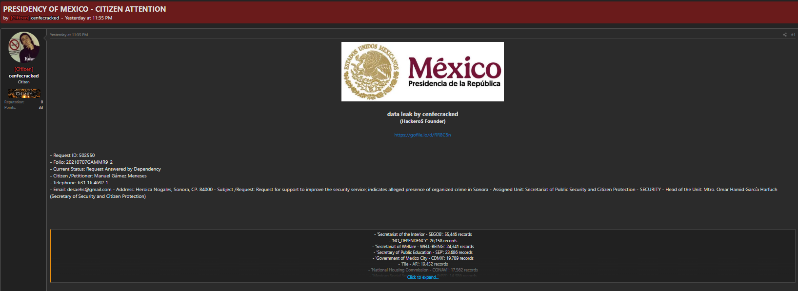 Alleged data leak of the Presidency of Mexico Citizen Attention system