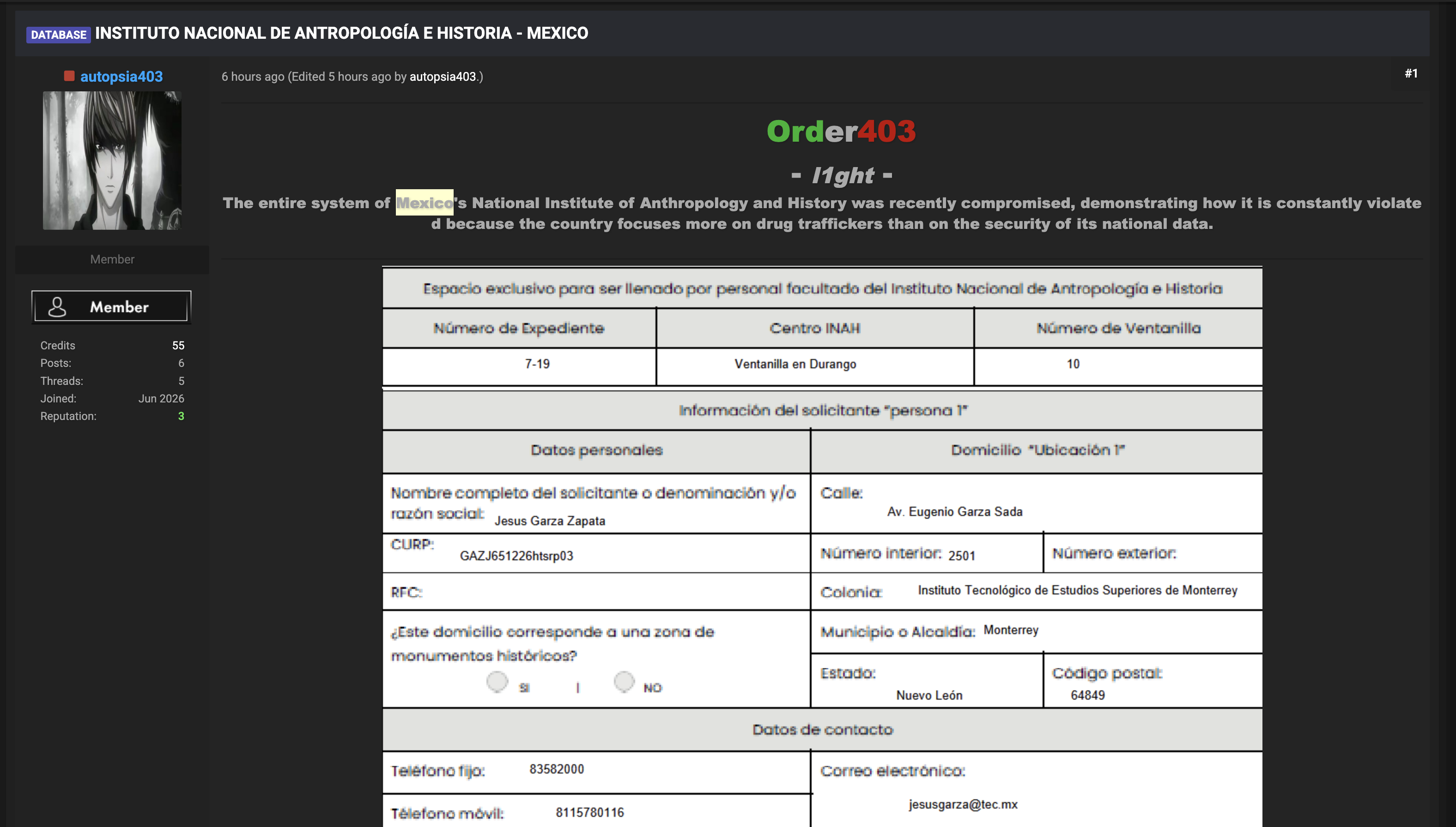 Alleged data breach of Instituto Nacional de Antropología e Historia (INAH)
