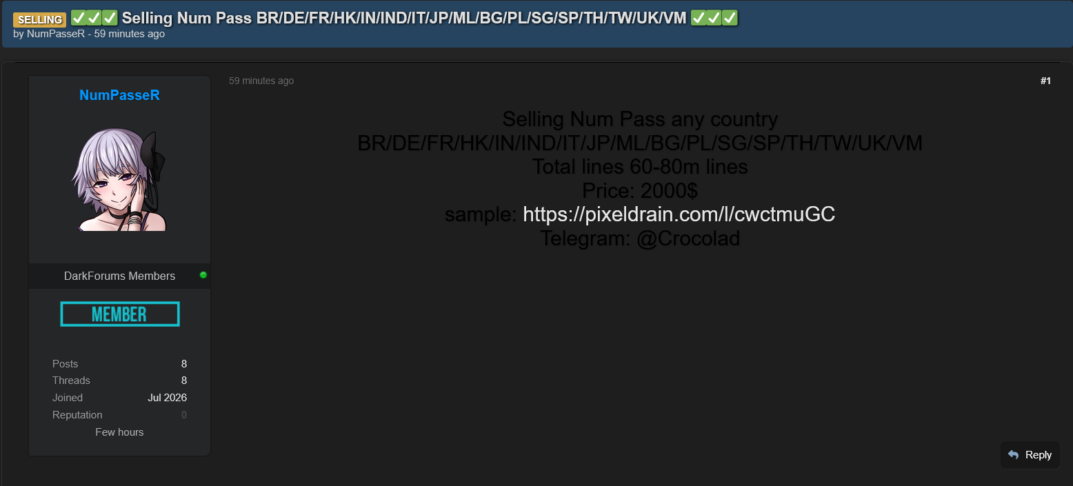 Alleged Sale of Global Phone Number and Password Database