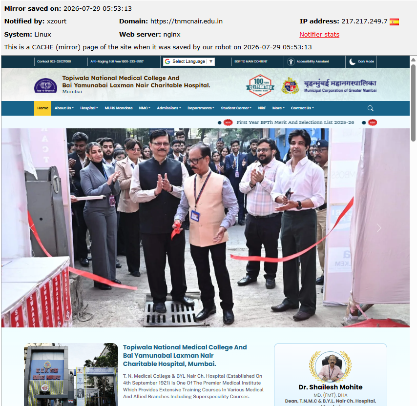 xzourt targets the website of Topiwala National Medical College And Bai Yamunabai Laxman Nair Charitable Hospital