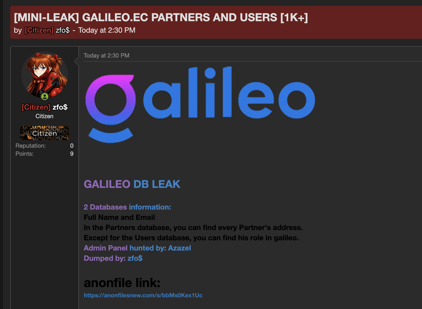 Alleged data breach of Galileo