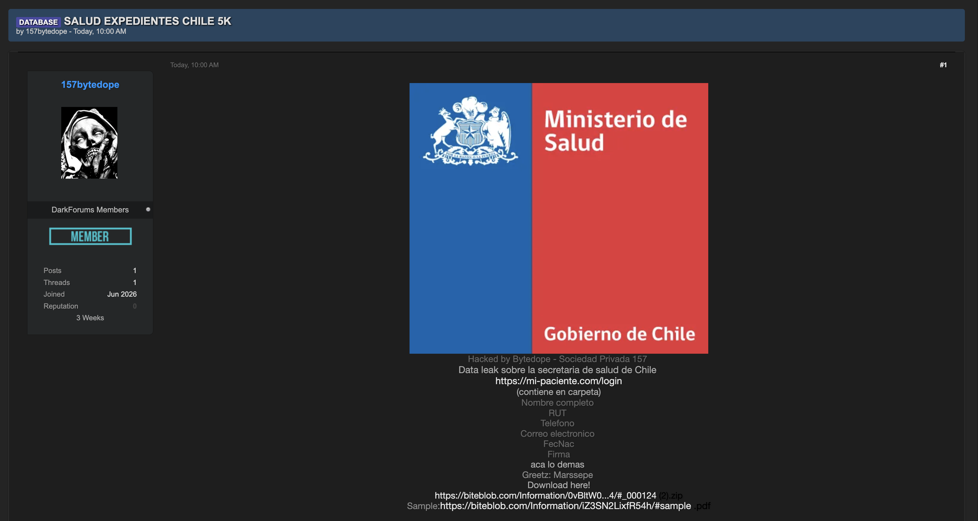 Alleged data breach of Chilean Ministry of Health