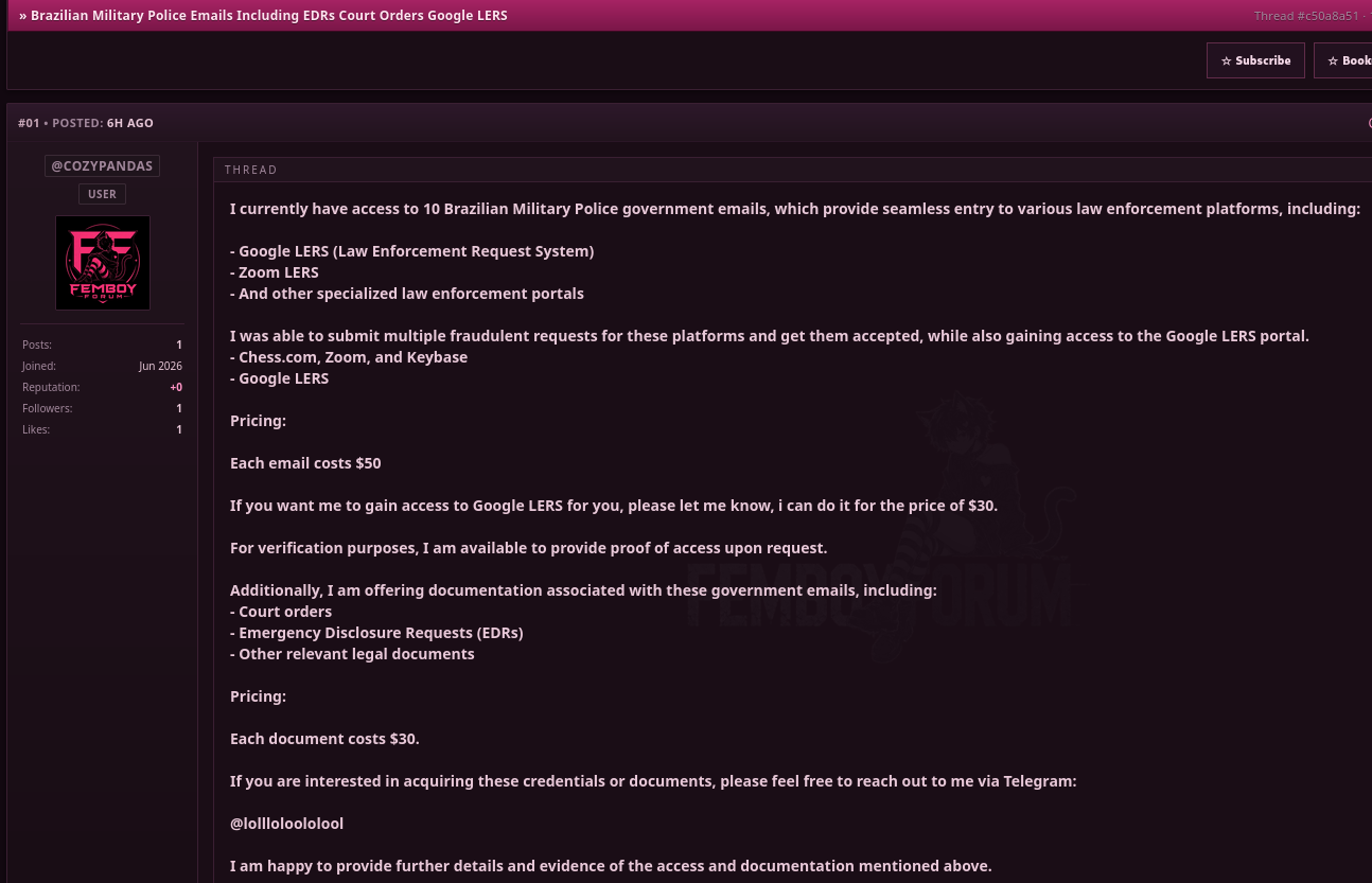 Alleged sale of Brazilian Military Police government email access and legal documents