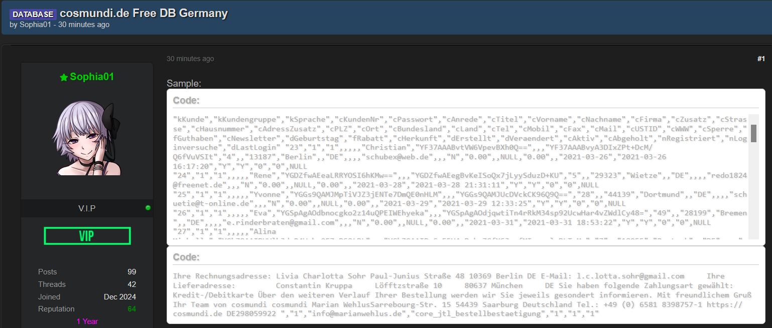 Alleged data breach of Cosmundi