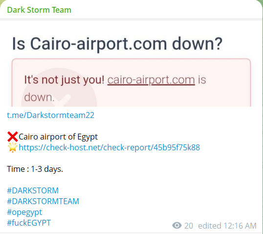 Dark Storm Team targets the website of Cairo International Airport
