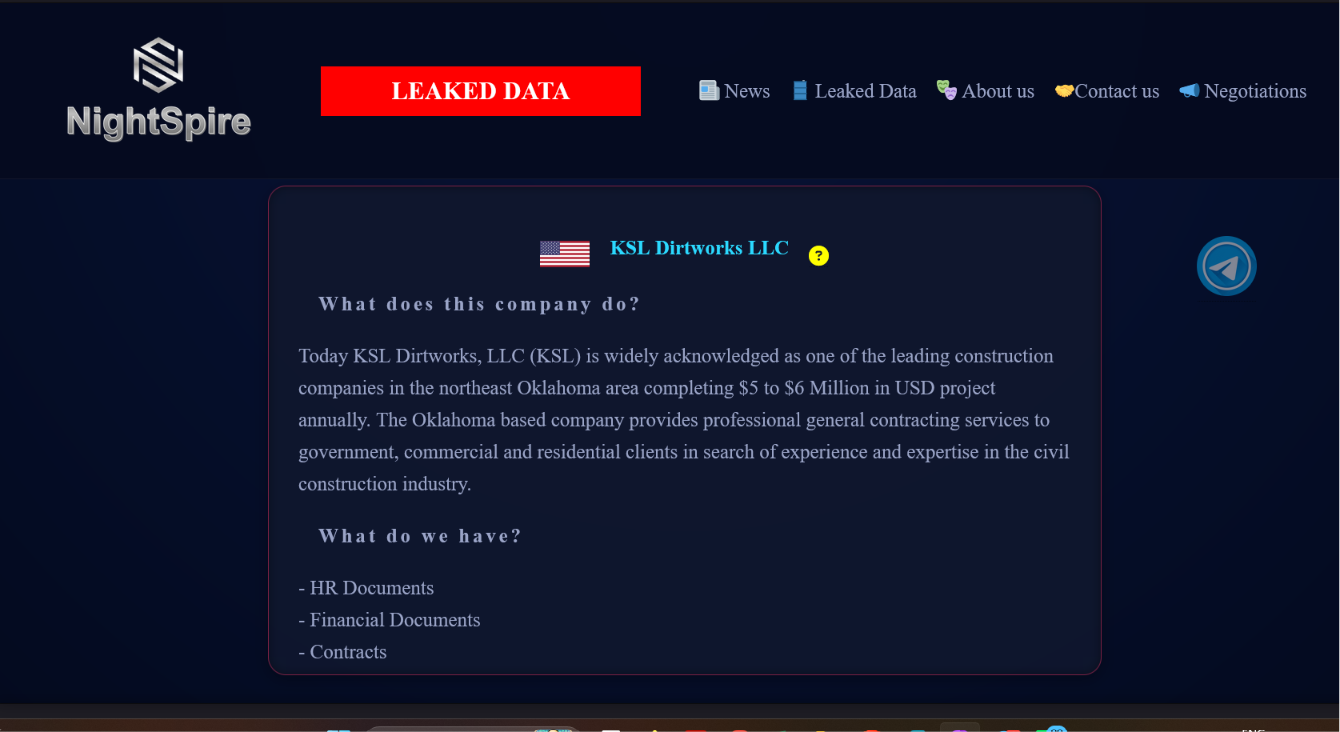 KSL Dirtworks, LLC falls victim to NightSpire ransomware