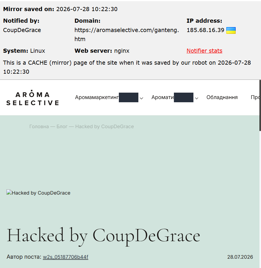 CoupDeGrace targets the website of Aroma Selective LLC