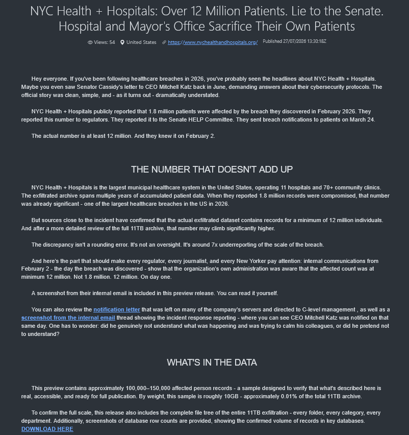 Alleged data breach of NYC Health + Hospitals