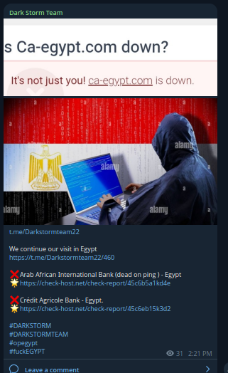 Dark Storm Team targets the website of Crédit Agricole Egypt