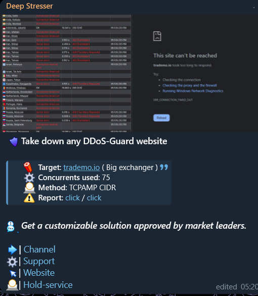 Deep Stresser targets the website of Trademo