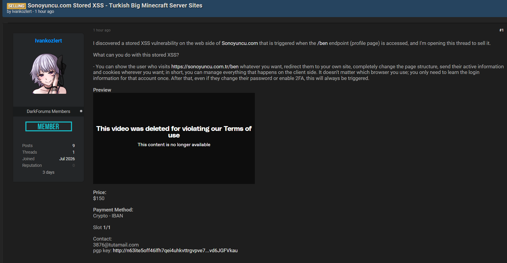 Alleged sale of a Stored XSS vulnerability in Sonoyuncu
