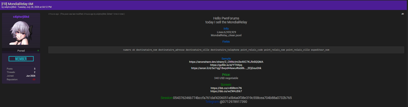 Alleged data breach of Mondial Relay