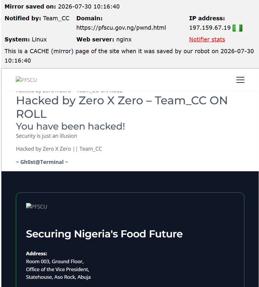 Team_CC targets the website of Presidential Food Systems Coordinating Unit (PFSCU)