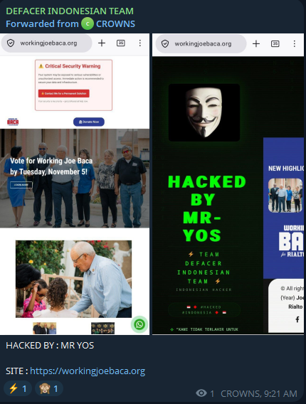 DEFACER INDONESIAN TEAM targeted the website of Working Joe Baca