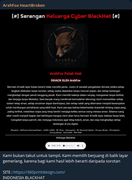ArxhFox HeartBroken targets the website of 360 Print & Design Studio