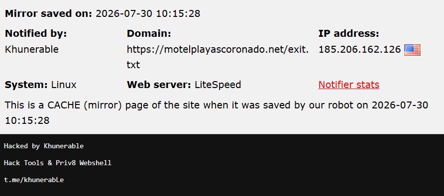 Khunerable targets the website of Coronado Beaches Motel