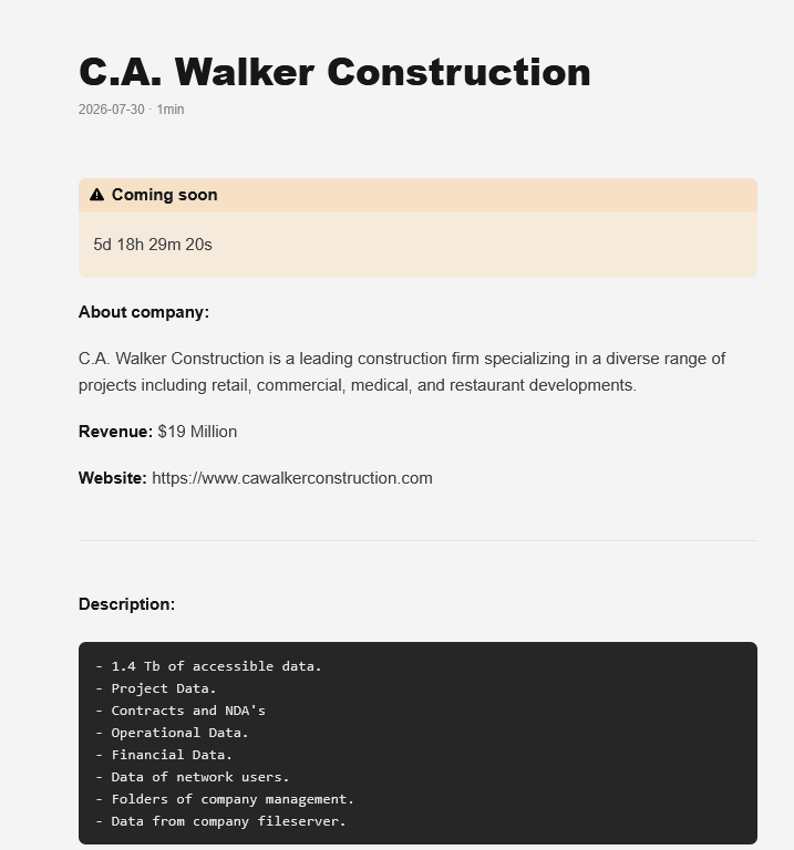 C.A. Walker Construction falls victim to GENESIS Ransomware