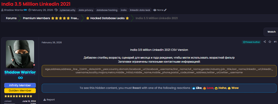 Alleged Sale of 3.5M India LinkedIn User Database