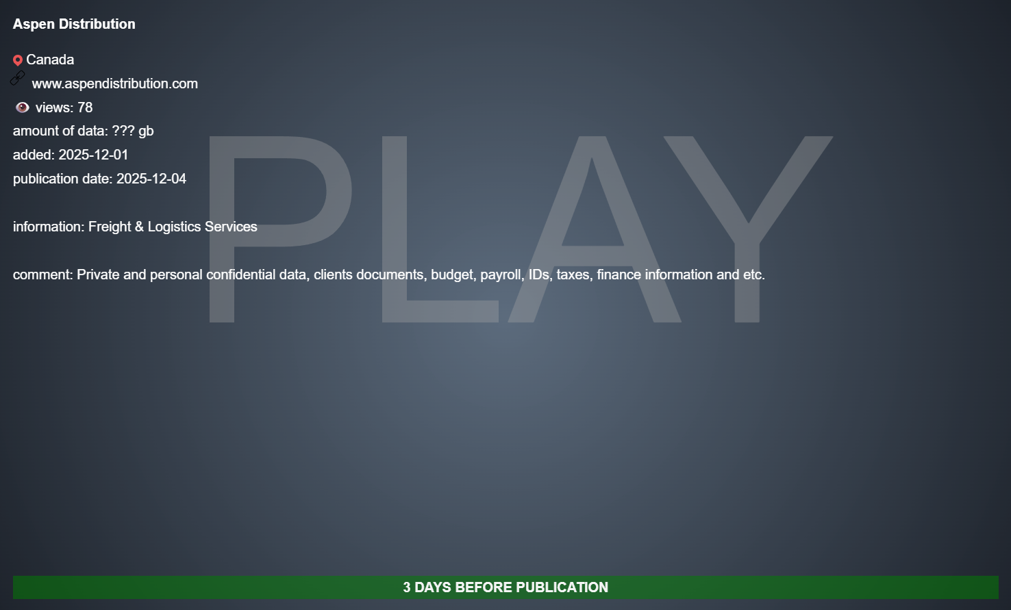 Aspen Distribution Inc成为PLAY勒索软件的受害者