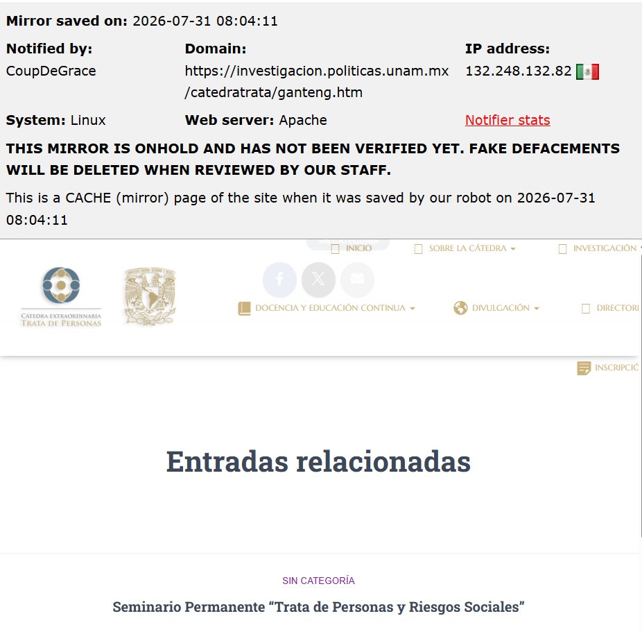 CoupDeGrace targets the website of Faculty of Political and Social Sciences, National Autonomous University of Mexico